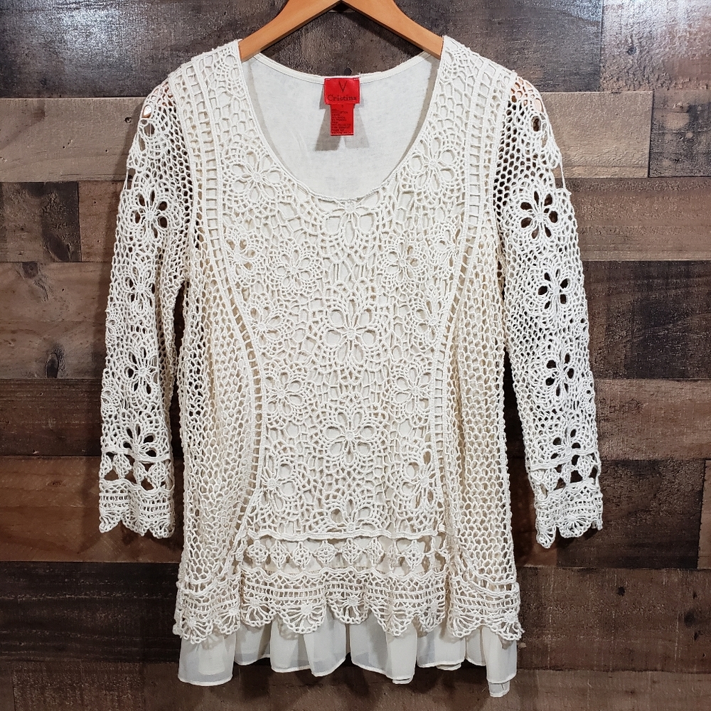 V Cristina crocheted Boho‎ long sleeve tunic top Womans Size Small